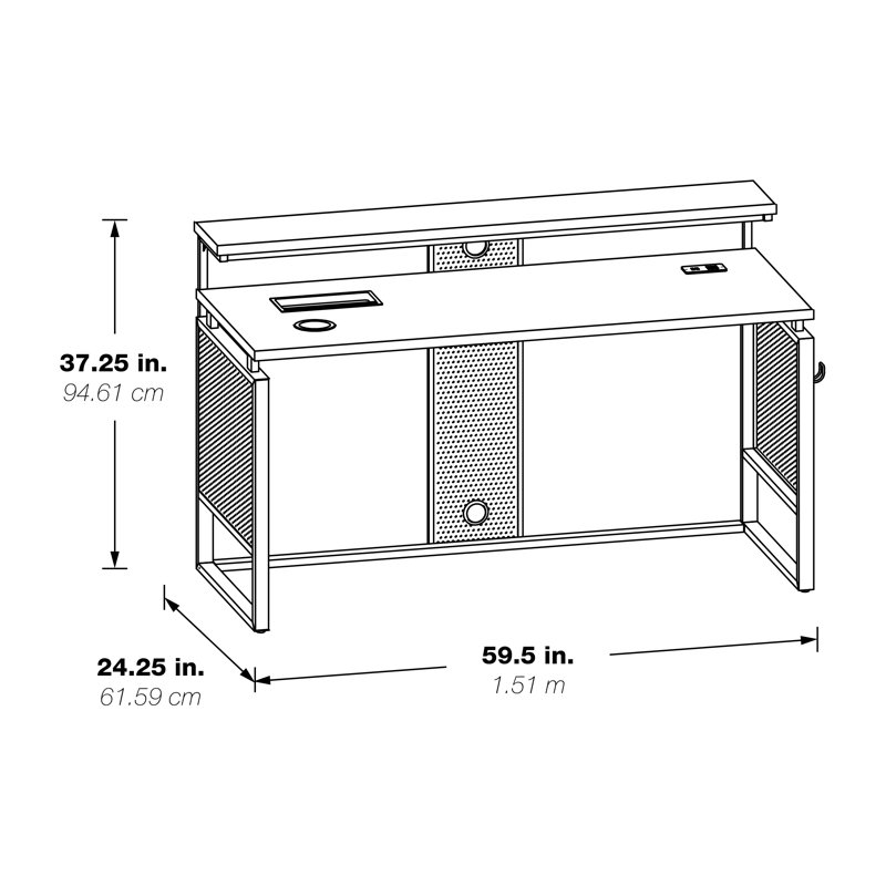 Poukner L-Shaped Steel Computer Desk with Built-In Electrical Outlet, Natural/Black