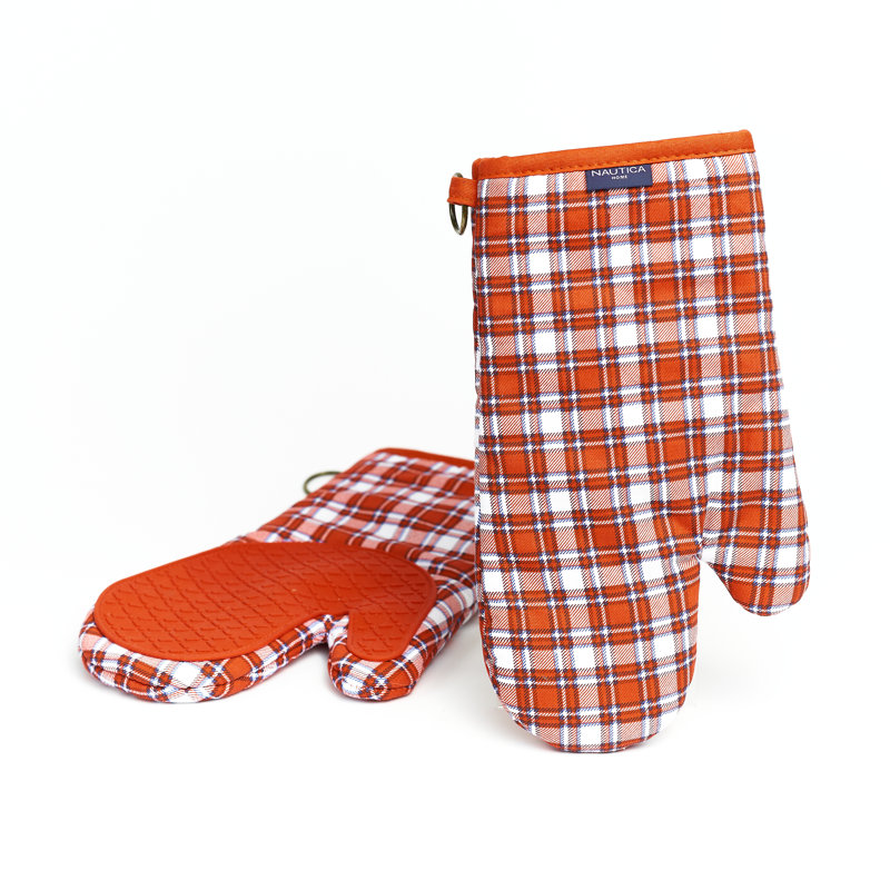 Red Plaid Cotton Oven Mitts with Silicone Palm, Set of 2