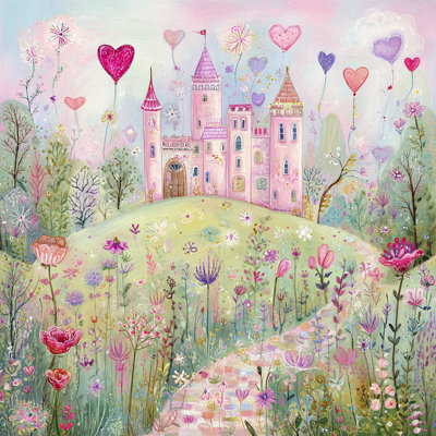 «Whimsical Pastel Castle Meadow Fantasy Landscape», art mural sur toile tendue