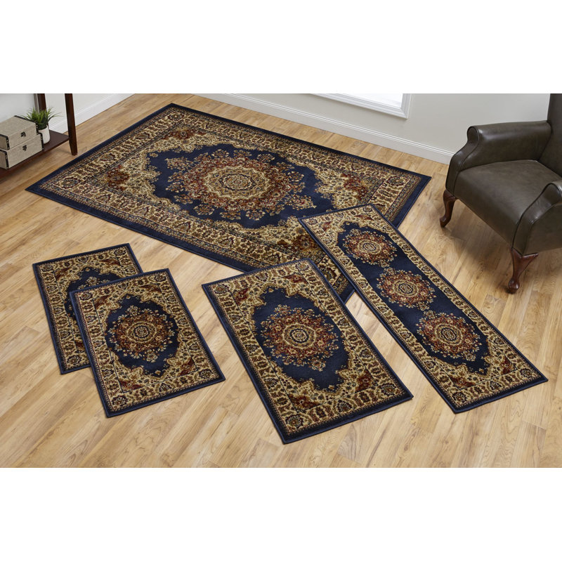 5-Piece Rug Set-Frida Traditional Oriental Navy Blue: (1) 5' X 7', (1) 2' X 3'3'', (1) 20'' X 60'', (2) 20'' X 32''