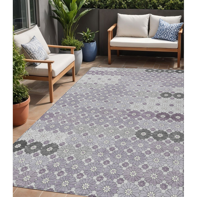 Tapis d'intérieur lavable à motif floral lavande gris et ivoire 5 pi x 8 pi