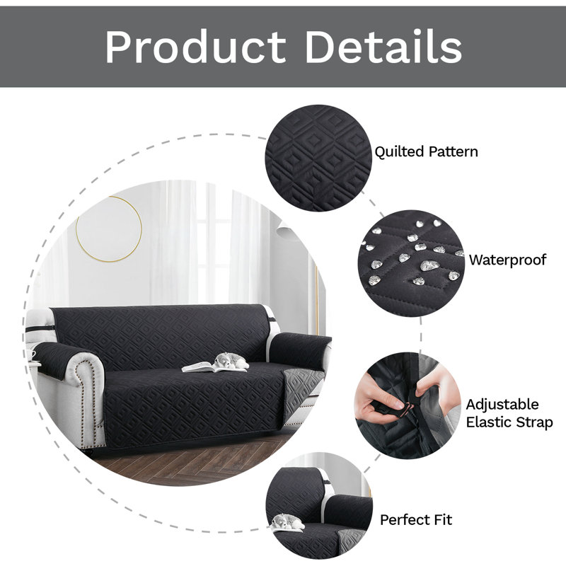 Reversible Water Resistant Sofa Protector - Dual Color Quilted Slipcover, Black/Dark Grey, 179cm H x 165cm W - (1 Seater)