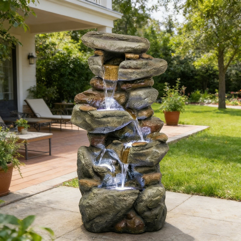 Outdoor Waterfall Fountain with LED Lights Freestanding Stone Look for Garden Patio