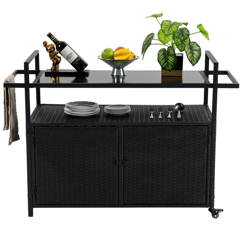 Chariot-buffet polyvalent au bord de la piscine - noir, roulant avec rangement et plateau en verre pour le patio, la cour, le jardin