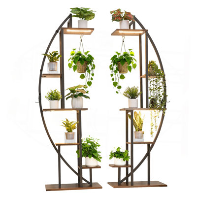 Support pour plante d'intérieur avec lumières de croissance, tablette de plante lumineuse à 6 niveaux de 63 po, support de 2 plantes de coin en métal, 3 minuteurs et 10 luminaires, support de fleurs en forme de demi-lune pour le salon