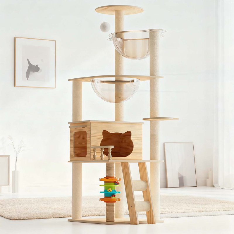 Tour à chat 59 po en bois moderne avec poteaux à griffer en sisal, perchoir supérieur et hamac en acrylique pour chats d'intérieur de toutes tailles