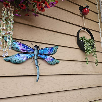 14 Inch Blue Metal Dragonfly Dimensional Wall Sculpture, Indoor & Outdoor Hanging Wall Art for Garden Yard Home Decor & Gift