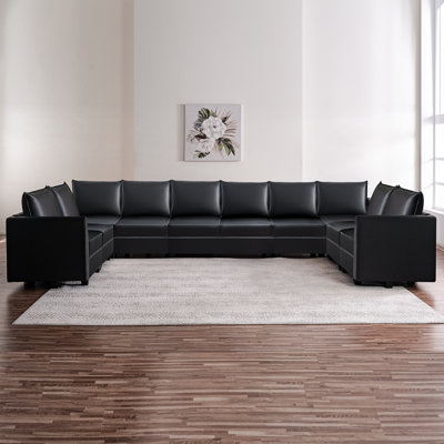 Ruedy 10-Seater Air Leather Convertible U Shaped Sofa Oversized Sleeper for Large Living Room by Hokku Designs