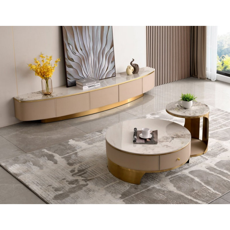 Elegant Marble Coffee Table Set With Base – Round Design With Storage Drawers