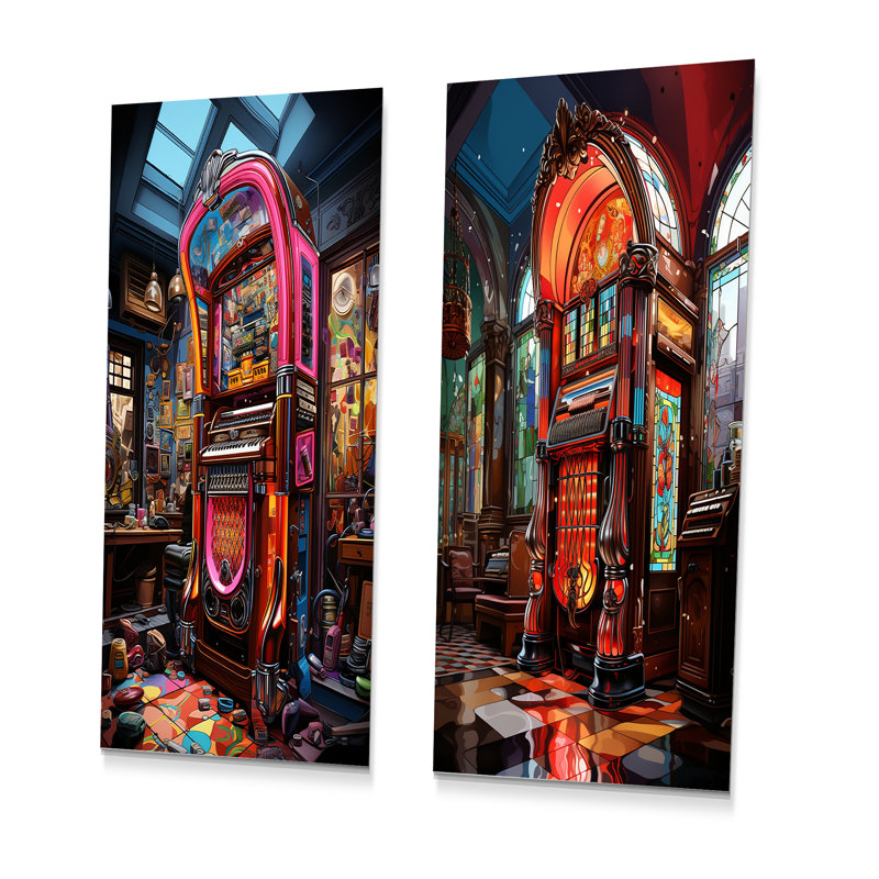 Photographie colorée de juke-box - ensemble de 2 décorations murales en métal, H 28 po x l 24 po