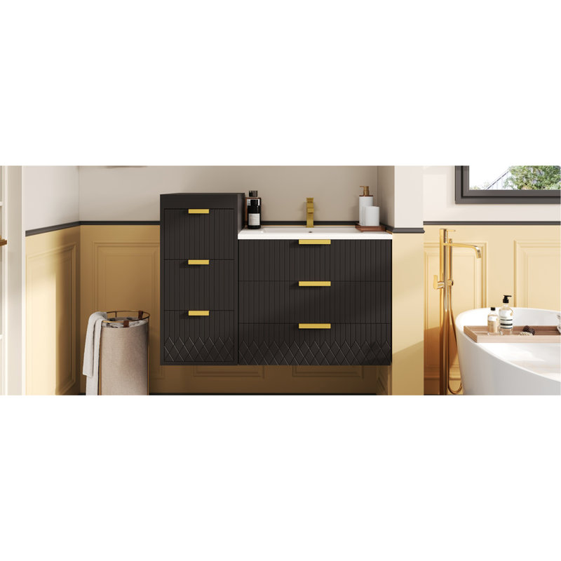 Armoire flottante murale 24 po avec armoire latérale, meuble-lavabo rectangulaire, petit lavabo de salle de bain avec trou de robinet simple et trop-plein, armoire de salle de bain moderne avec lavabo en céramique