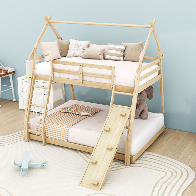 Twin Over Queen Bunk Bed With Climbing Nets And Ladder, Natural