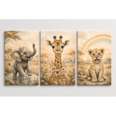 Grand ensemble de 3 impressions murales sur toile Safari Nursery, éléphanteau, girafe, lion, décoration pour chambre d'enfant, impression sur toile 16 x 24 pouces - prête à être accrochée
