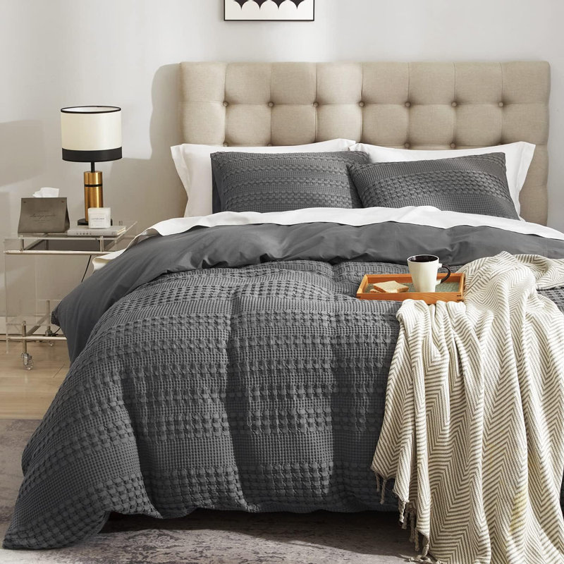 Ensemble de housse de couette Waffle Weave, Housse de couette grand et 2 taies d'oreiller stan, Gris