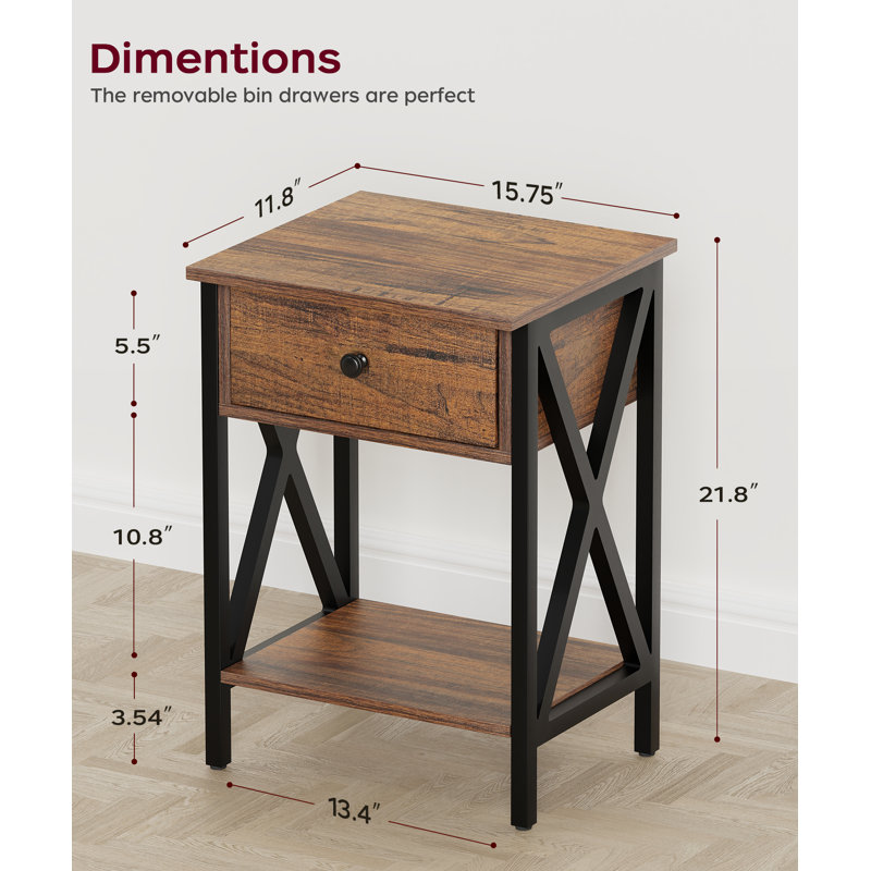 21.8'' Modern  End Table With Drawer, Rustic Brown and Black Metal Side Table