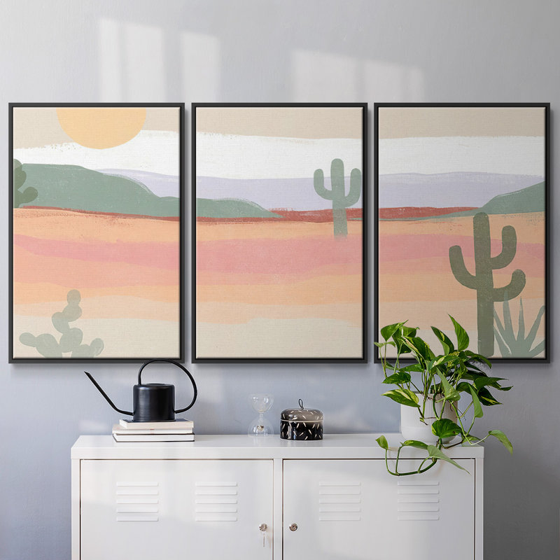 Cactus Plateau II, peinture sur toile 3 pièces, Cadre noir, H 24 po x l 48 po