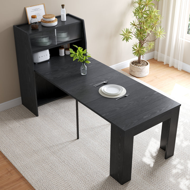 Multifunctional convertible dining table with storage side cabinet, space saving design for small apartment kitchen and dining room