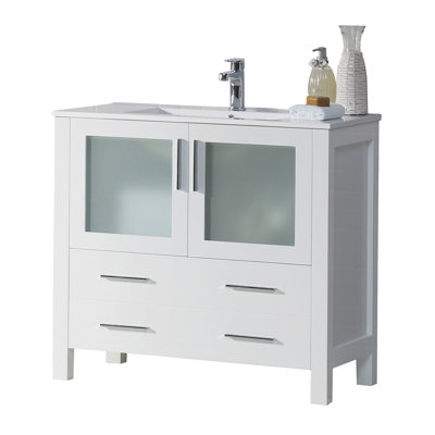 Blossom 36-Inch Solid Wood Bathroom Vanity with Ceramic Sink | Freestanding Single Sink Vanity Cabinet | Soft-Close Drawers & Tempered Glass Doors