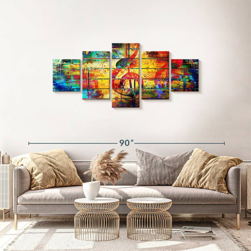 Ensemble de 5 pièces colorées avec collage sur toile, H 68 po x l 30 po x P 1,25 po