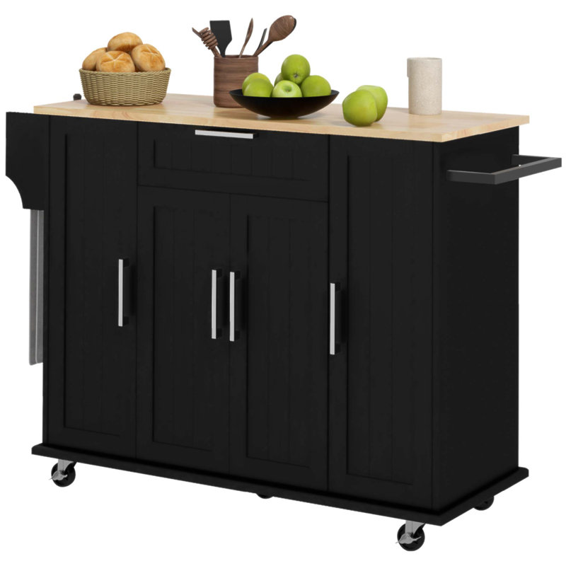 Îlot de cuisine sur roulettes polyvalent avec plateau en bois d'hévéa, tiroir, étagère à épices et tablettes réglables pour un rangement et une mobilité accrus