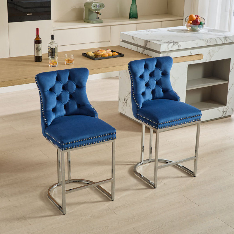 Ensemble de 2 tabourets de bar avec dossier et garniture de rivets, Bleu très foncé