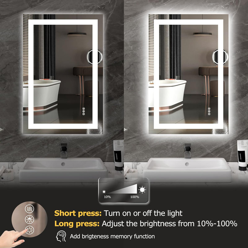LED Bathroom Mirror With Lights Wall Vanity LED Mirror Stepless Dimmable,Dual Front Lights And Backlight,Anti-Fog,Bathroom Memory Smart Mirror