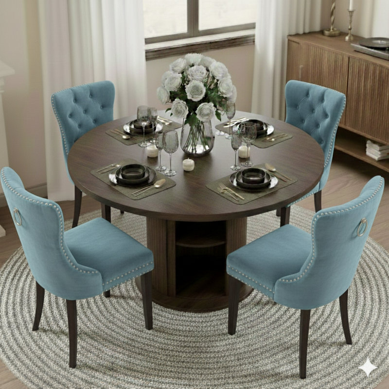 Ensemble de table de salle à manger 5 pièces pour 4 à 6 personnes, Bleu ciel / Brun