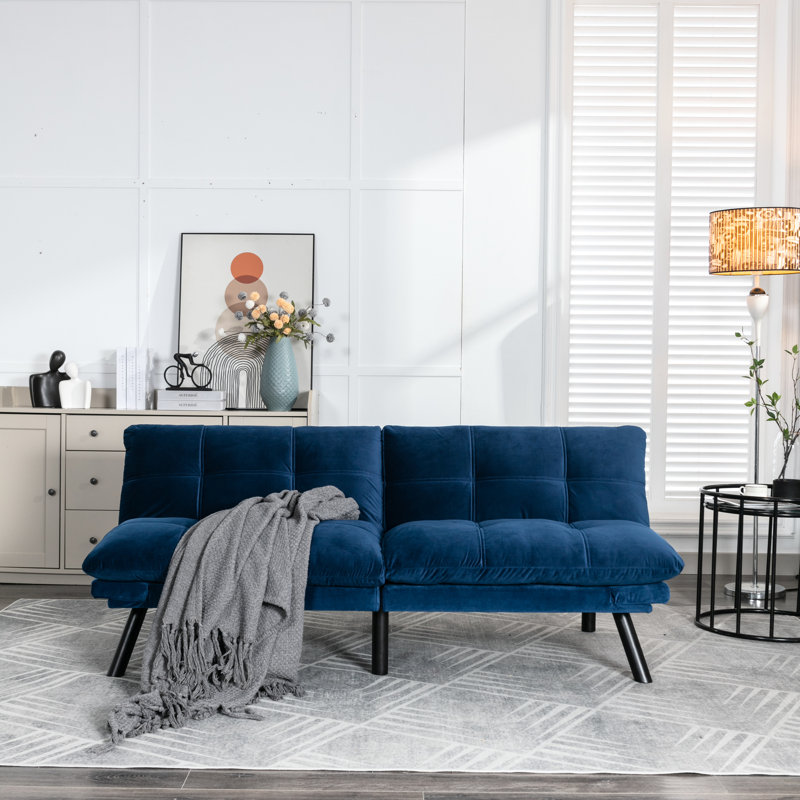 Lit 2 places en velours bleu marine avec siège mi-ferme et accoudoirs réglables, lit pliant convertible moderne, convient parfaitement aux petits espaces de vie