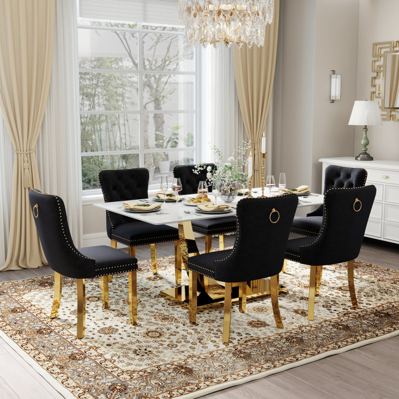 Hoppus 6 - Person Pedestal Base Dining Set, 30"H x 63"L x 35.4"W, Black