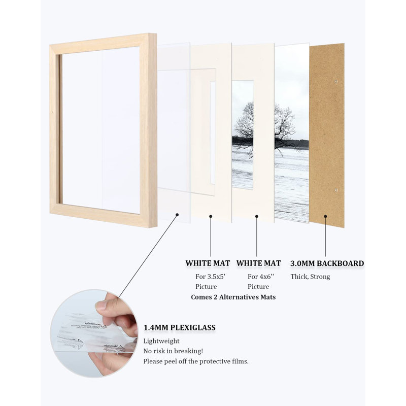 8X8 Picture Frames Made Of Solid Wood With Plexiglass, Display Pictures 4X4/6X6 With Mat Or 8X8 Without Mat Set Of 4 For Tabletop And Wall Mounting, Oak Wood