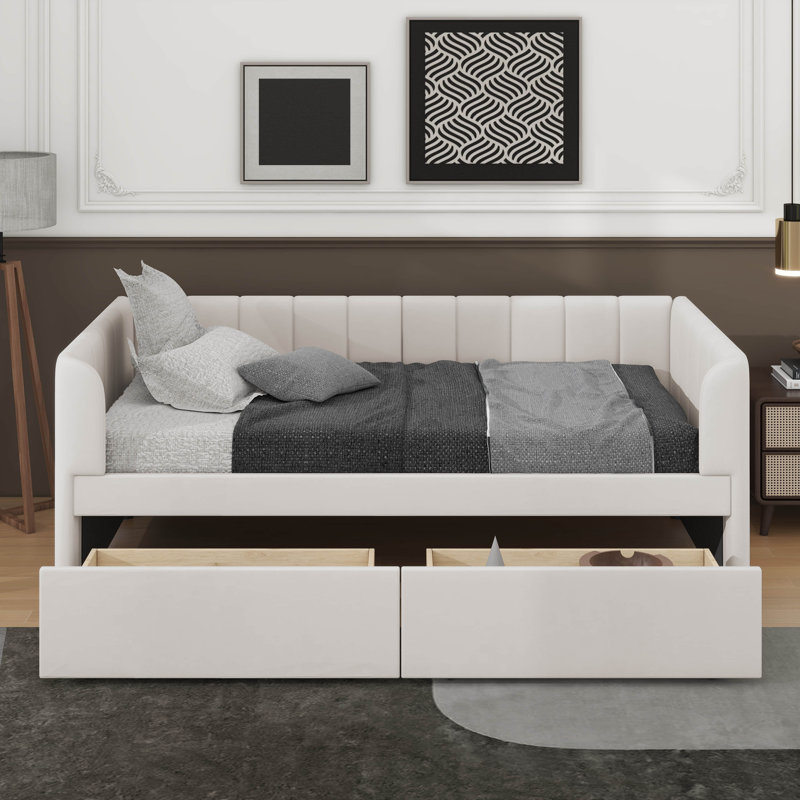 Lit de jour simple tapissier avec tiroirs, Beige