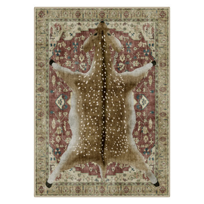 Veatrice Deerwood Rustic Animal Print Machine Washable Red / Brown Indoor Area Rug with Non-Slip Backing