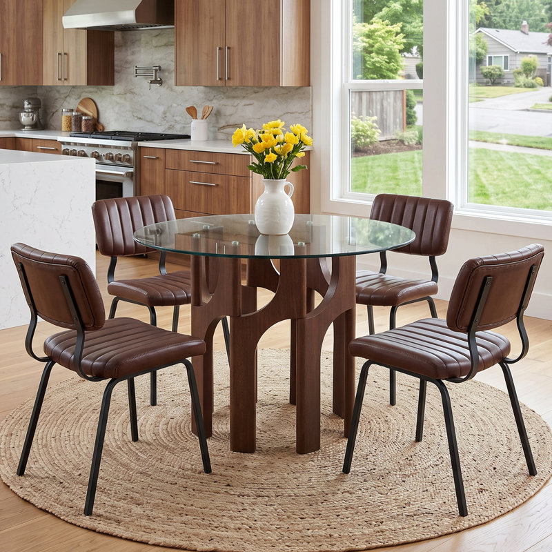 Ensemble de salle à manger moderne du milieu du siècle, composé de 5 pièces, comprenant une table ronde en verre trempé de 46 pouces et 4 chaises en similicuir capitonnées.