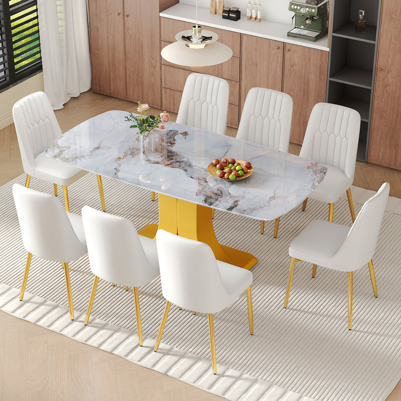 Ensemble de table et de chaises Table de salle à manger en verre trempé de 71 pouces recouverte d'autocollants texturés en marbre blanc.