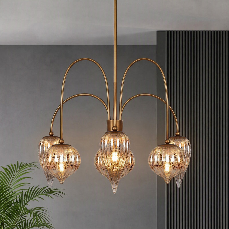 Lustre 6 lumières avec abat-jour en verre mercurisé