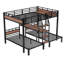 Grand lit superposé simple au-dessus d'un lit simple en métal, lit superposé triple en métal avec tablettes de rangement et escalier de rangement, noir