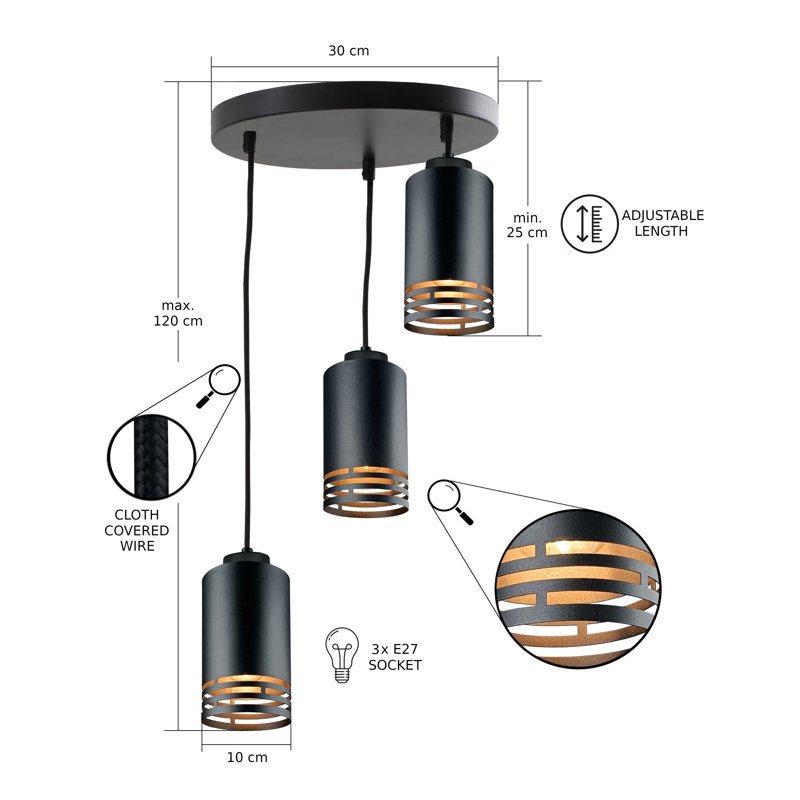 - Light Pendant, Black, 3 Lights