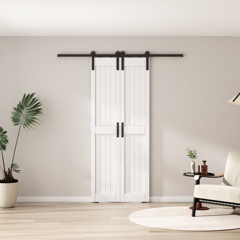 Porte de grange coulissante double en panneau de fibres à densité moyenne avec ensemble de quincaillerie, recouverte d'une surface en PVC imperméable, assemblée
