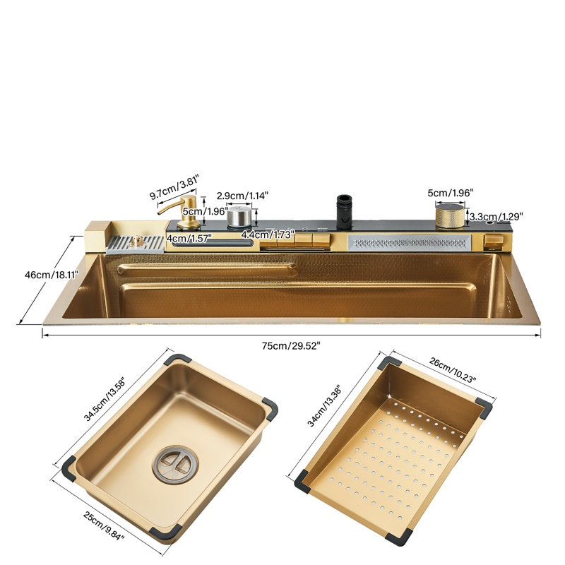 Évier de cuisine en cascade 29,5 pouces avec robinet rétractable, distributeur de savon et planche à découper Mosson