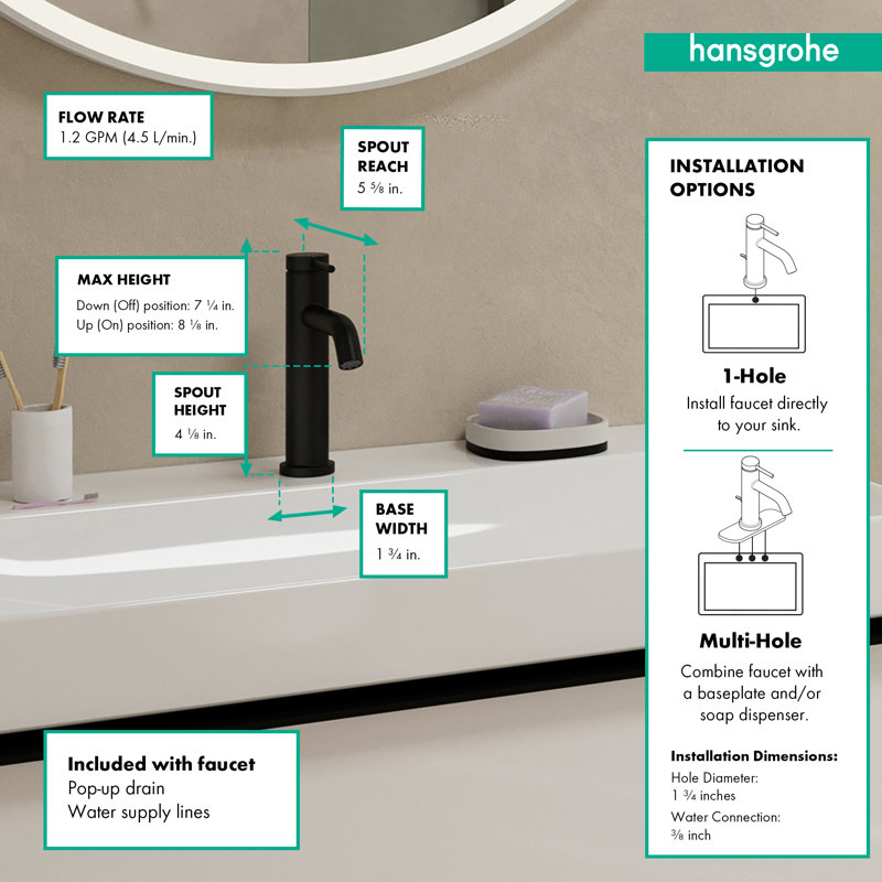 Robinet 110 à un trou avec drain escamotable hansgrohe Tecturis S, 1,2 gal / min, Noir mat