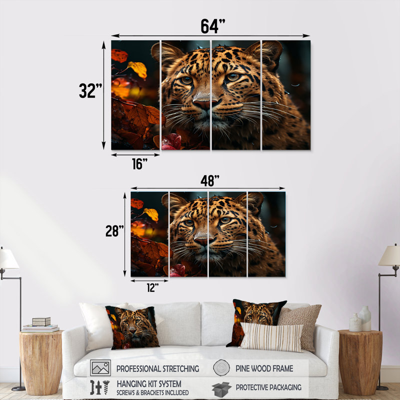 Leopard Photo In Autumn II - Leopard, art mural sur toile 4 pièces, H 28 po x l 48 po