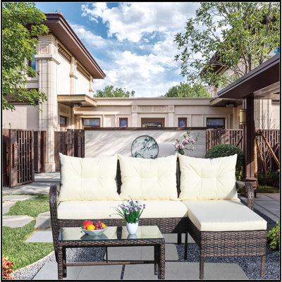Outdoor patio Furniture sets 3 piece Conversation set wicker Ratten Sectional Sofa With Seat Cushions(Beige Cushion)