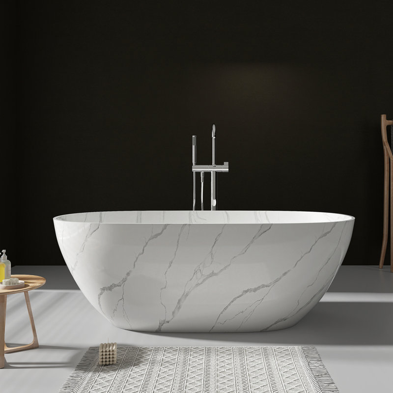 63" Marble-pattern Solid Surface Freestanding Soaking Tub