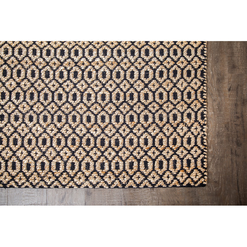 Handwoven Black and Tan Geometric Jute Cotton Rug, 4' x 6'