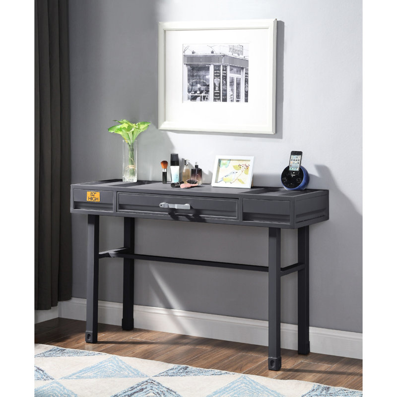 Bureau de meuble-lavabo en métal Gunmetal, un tiroir, des pieds droits, un plateau en fer de 40 x 40 mm, une conception à panneau encastré, un bureau à tiroir à une poignée à glissière latérale en métal, une surface, un cadre, des panneaux, une fermeture manuelle, un arrêt,