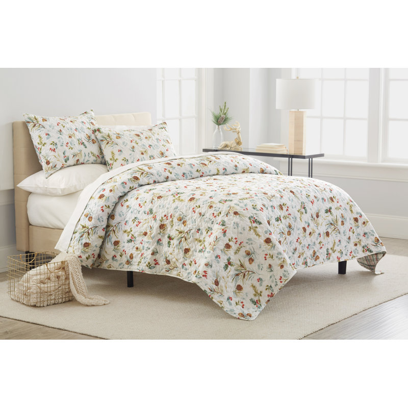 Ensemble de courtepointe réversible en coton Pinecones, Courtepointe pour grand lit + 2 taies décoratives