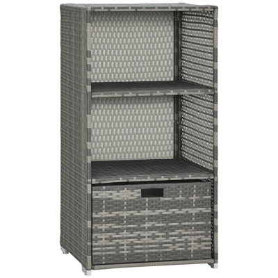 Porte-serviettes de piscine Valet, organisateur de rangement en osier de rotin en plastique PE imperméable, rangement pour accessoires de spa intérieur et spa extérieur, 2 tablettes, 1 tiroir à panier, gris