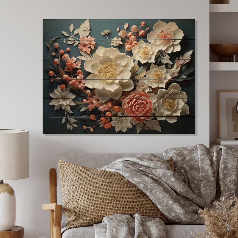 Art asiatique, fleurs éternelles I sur bois, H 24 po x l 32 po x P 0,78 po