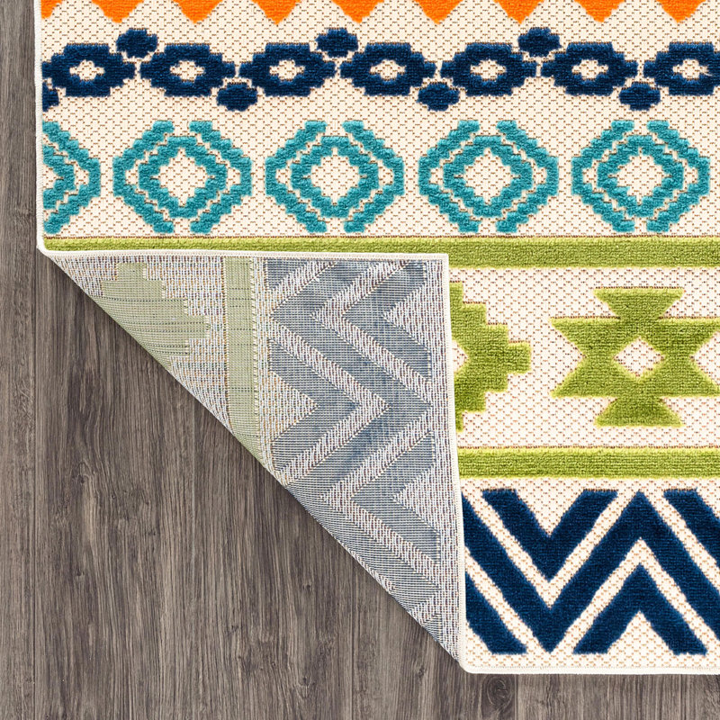 Tapis d'intérieur / extérieur Isabeli Modern Bohemian - orange / vert / bleu marine, Tapis de couloir de 2 pi x 7 pi
