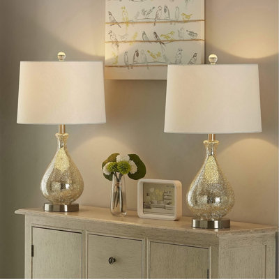Lampe de table 23 po en verre transparent avec abat-jour en lin blanc et base en nickel poli (ensemble de 2) pour chambre à coucher, bureau, dortoir, table basse, bibliothèque